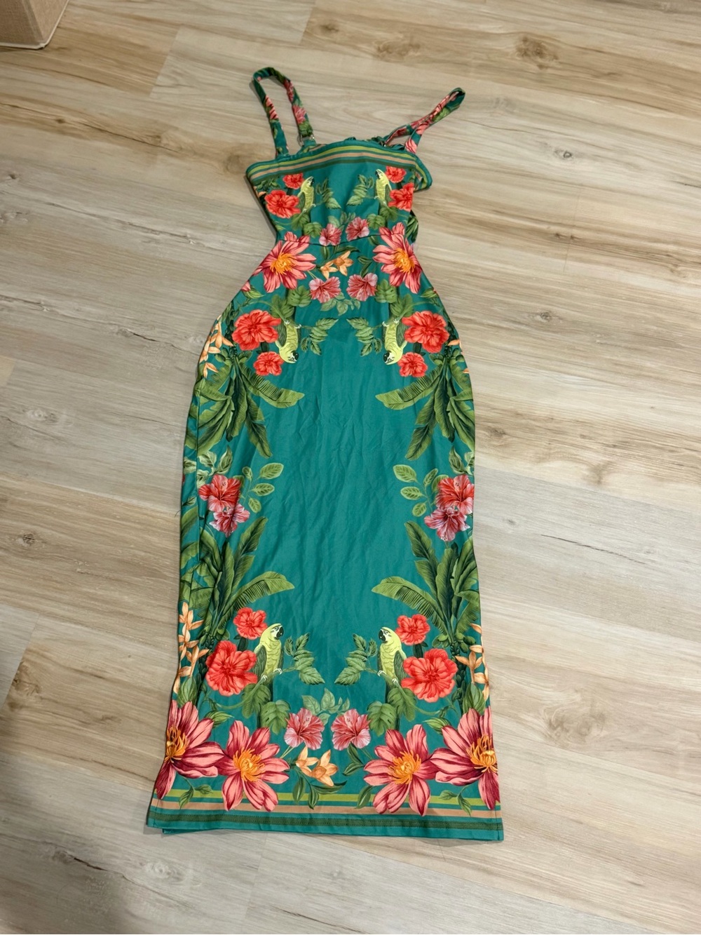 Tropical Green Floral Maxi Dress with Spaghetti Straps